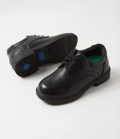 LYNX Junior School Shoes-Arrow 3 Black Leather Lace Up Flats