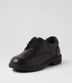 LYNX Junior School Shoes-Arrow 3 Black Leather Lace Up Flats