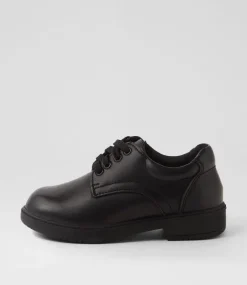 LYNX Junior School Shoes-Arrow 3 Black Leather Lace Up Flats