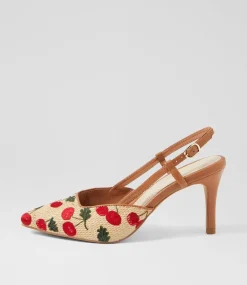 Women TOP END Heels-Belginy Nat Cherries Dark Tan Fabric Heels