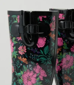 Women I LOVE BILLY Boots-Bianni Black Floral Gumboot Knee High Boots