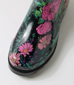 Women I LOVE BILLY Boots-Bianni Black Floral Gumboot Knee High Boots