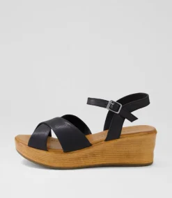 Women DIANA FERRARI Wedges|Heels-Citters Black Leather Sandals