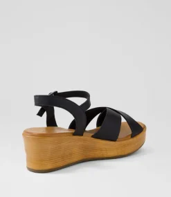 Women DIANA FERRARI Wedges|Heels-Citters Black Leather Sandals