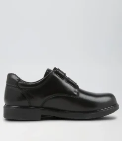 COLORADO Junior School Shoes-Daze Jnr Adj Spongebob Black Leather Flat Shoes