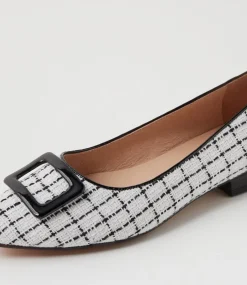 Women DIANA FERRARI Flats-Derina White Tweed Black Fabric Patent Ballet Flats