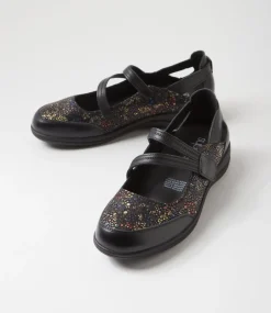 Women SUPERSOFT Comfort|Mary Janes-Dobbins Black Multi Ditzy Leather Suede Flat Shoes