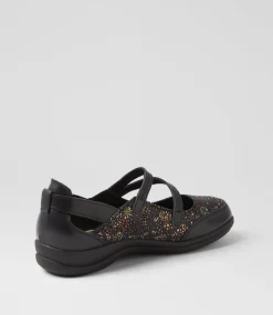 Women SUPERSOFT Comfort|Mary Janes-Dobbins Black Multi Ditzy Leather Suede Flat Shoes