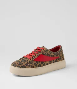 Women TOP END Sneakers-Dowens Camel Leopard Red Suede Leather Sneakers