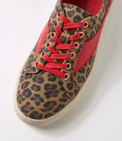 Women TOP END Sneakers-Dowens Camel Leopard Red Suede Leather Sneakers