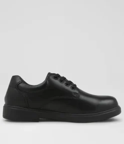 COLORADO Junior School Shoes-Earth Jnr E Lace Black Leather Flat Shoes