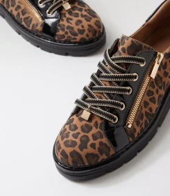 Women TOP END Sneakers-Elos Camel Leopard Black Suede Patent Sneakers