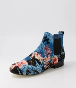 Women I LOVE BILLY Boots-Endale Blue Floral Multi Velvet Chelsea Boots