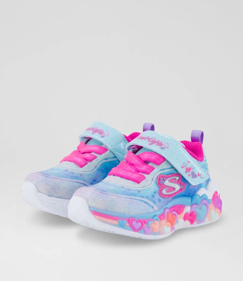 SKECHERS Sport School Shoes-Eternal Heart Lights Toddler Pink Rainbow Canvas Fabric Sneakers