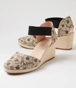 Women DIANA FERRARI Espadrilles|Wedges-Falecia Natural Black Fabric Elastic Wedges