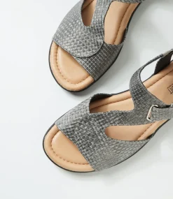 Women SUPERSOFT Flats|Sandals-Fanne2 Charcoal Cross Hatch Leather Sandals
