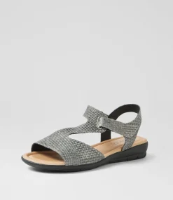 Women SUPERSOFT Flats|Sandals-Fanne2 Charcoal Cross Hatch Leather Sandals
