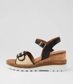 Women DIANA FERRARI Wedges|Heels-Gally Natural Black Leather Sandals