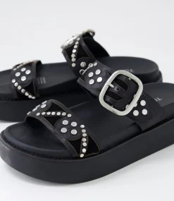 Women TOP END Slides|Sandals-Gawler Black Leather Suede Slides