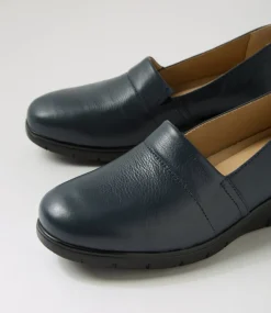 Women SUPERSOFT Comfort|Loafers-Gayye Navy Wide Fit Leather Wedges
