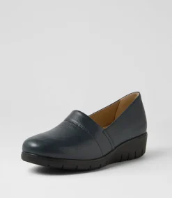 Women SUPERSOFT Comfort|Loafers-Gayye Navy Wide Fit Leather Wedges