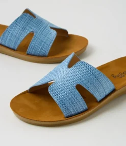 Women I LOVE BILLY Slides|Flats-Glori Blue Synthetic Raffia Slides