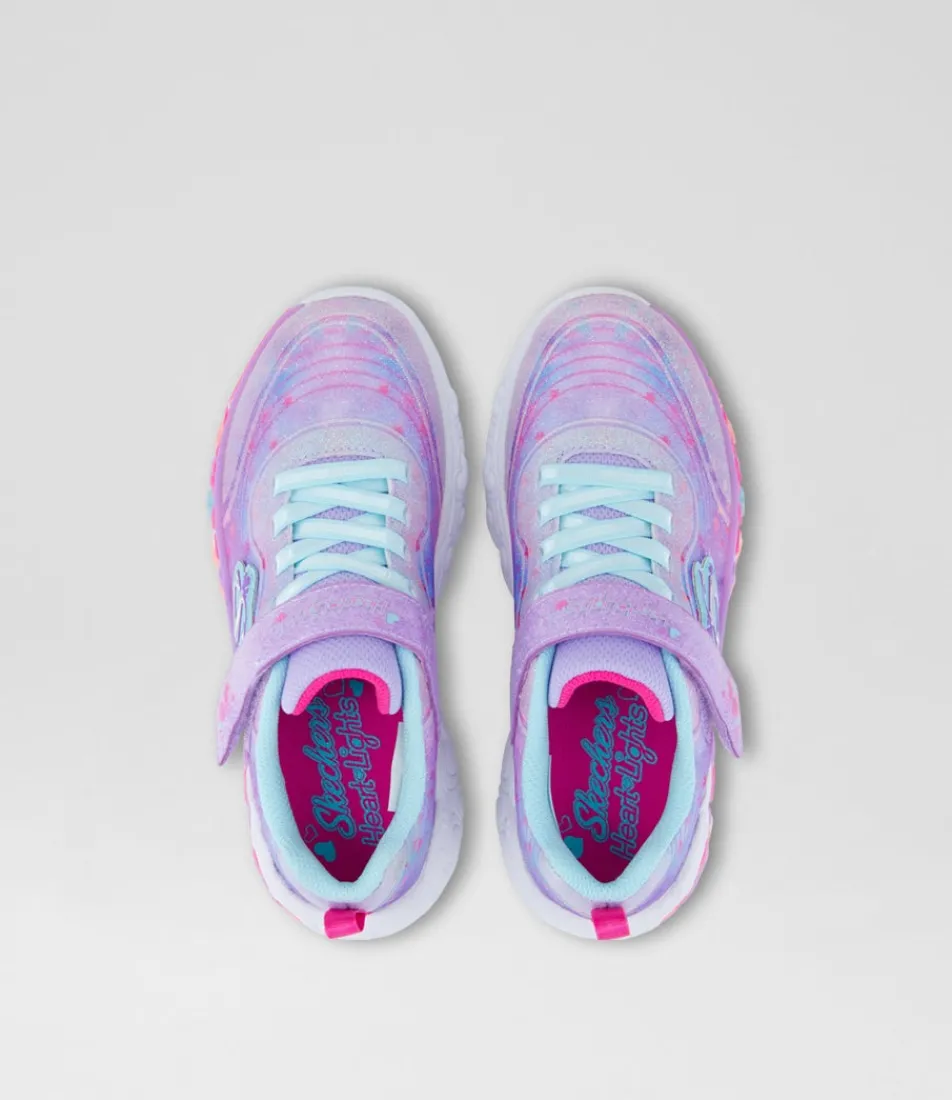 SKECHERS Sport School Shoes-Heart Lights Junior Pink Rainbow Canvas Fabric Sneakers