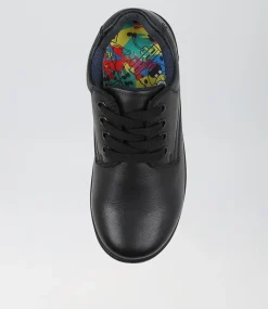 COLORADO Junior School Shoes-Kenny Jnr Spongebob Black Leather Lace Up Flats