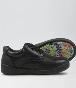 COLORADO Junior School Shoes-Kenny Jnr Spongebob Black Leather Lace Up Flats