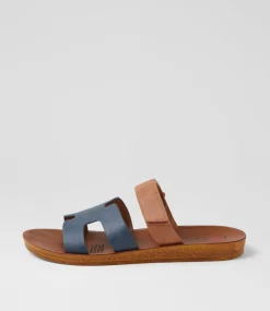 Women I LOVE BILLY Flats-Kistali Navy Tan Sandals