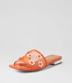 Women TOP END Flats|Slides-Klasse Orange White Patent Multi Slides