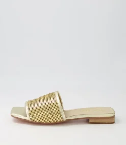 Women TOP END Flats|Slides-Koyner Gold Metal Leather Slides