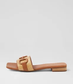 Women TOP END Flats|Slides-Kuzil Dark Tan Natural Synthetic Raffia Leather Slides