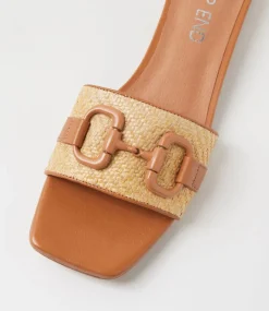 Women TOP END Flats|Slides-Kuzil Dark Tan Natural Synthetic Raffia Leather Slides