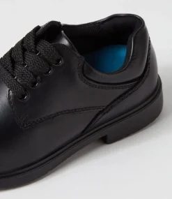 LYNX BLUE Junior School Shoes-Kyson Jnr E Black Leather Lace Up Flats