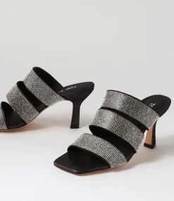 Women TOP END Heels|Sandals-Lomme Black Shimmer Silver Leather Jewels Mules