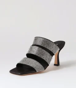 Women TOP END Heels|Sandals-Lomme Black Shimmer Silver Leather Jewels Mules
