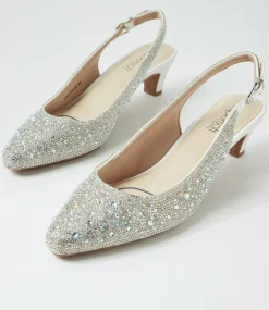 Women SUPERSOFT Comfort|Heels-Looloo Silver White Jewels Leather Heels