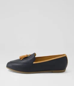 Women DIANA FERRARI Flats|Loafers-Lorrayne Navy Dark Tan Leather Loafers