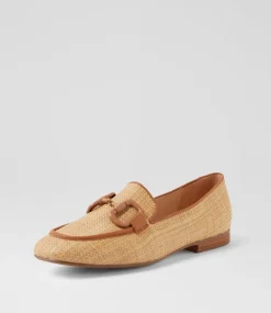 Women TOP END Flats|Loafers-Mansur Camel Dark Tan Synthetic Raffia Leather Loafers