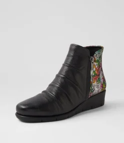 Women SUPERSOFT Boots|Comfort-Maxie Black Painted Floral Leather Ankle Boots