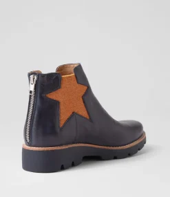 Women TOP END Boots-Missha Dark Navy Cognac Leather Elastic Chelsea Boots