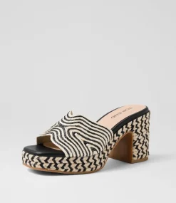 Women TOP END Slides|Heels-Mitchie Ivory Black Multi Fabric Sandals