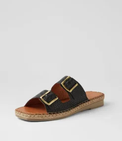 Women DIANA FERRARI Slides|Sandals-Motella Black Leather Slides