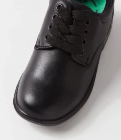 LYNX Junior School Shoes-Mylie Jnr E Lace Black Leather Lace Up Flats