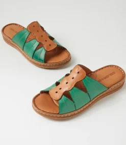 Women COLORADO Comfort|Slides-Myrtle Green Tan Leather Slides