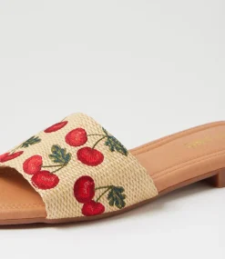 Women TOP END Slides|Flats-Nahlas Natural Cherries Fabric Slides