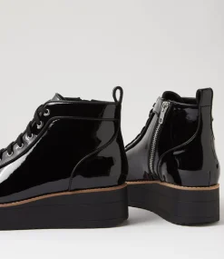Women TOP END Boots|Wedges-Nirra Black Patent Leather Lace Up Boots