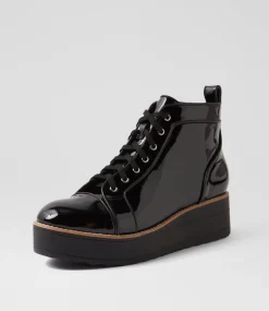 Women TOP END Boots|Wedges-Nirra Black Patent Leather Lace Up Boots