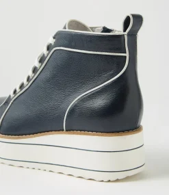 Women TOP END Boots|Wedges-Nirra Navy White Leather Patent Lace Up Boots
